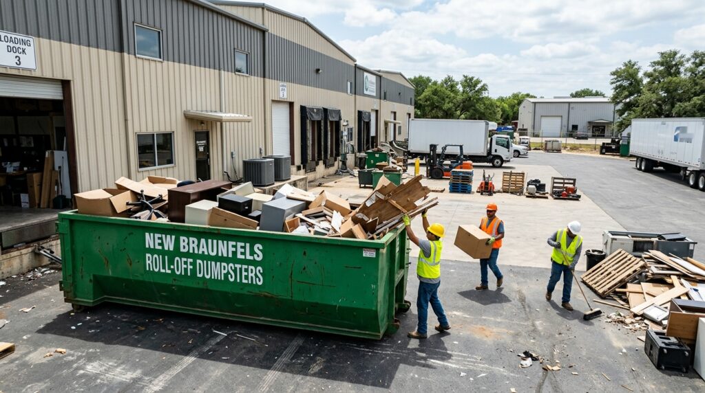 This image showcases the reliable and affordable commercial dumpster rental services offered by Roll Off Dumpster New Braunfels across New Braunfels TX and surrounding areas. Founded by Roy Santos over 15 years ago, our commercial dumpster rental company serves local businesses, retail properties, office buildings, and commercial construction sites throughout Comal County with high capacity roll off dumpsters, same day delivery, and transparent flat rate pricing that keeps your operations moving without delays or unexpected costs