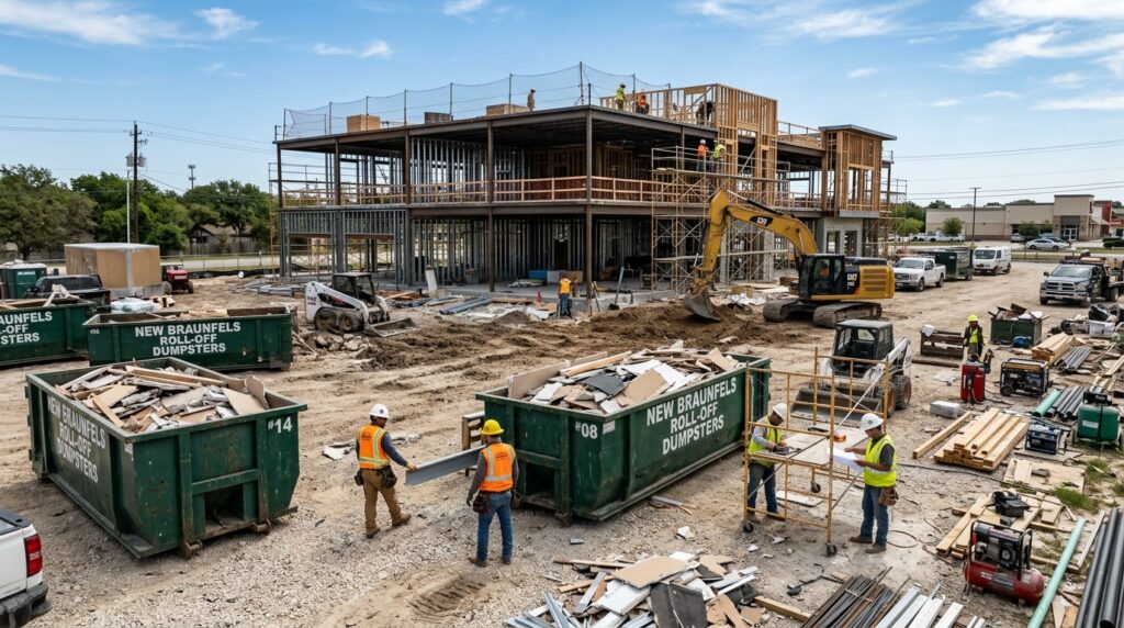 
This image represents the construction dumpster rental services offered by Roll Off Dumpster New Braunfels, a locally owned company founded by Roy Santos and serving contractors, builders, and project managers across New Braunfels Texas for over 15 years. The image showcases a high capacity green roll off dumpster placed on an active construction and demolition job site in New Braunfels TX, highlighting the company's ability to handle heavy construction debris including framing waste, roofing materials, concrete, and drywall while keeping job sites clean, organized, and running on schedule throughout New Braunfels and Comal County.